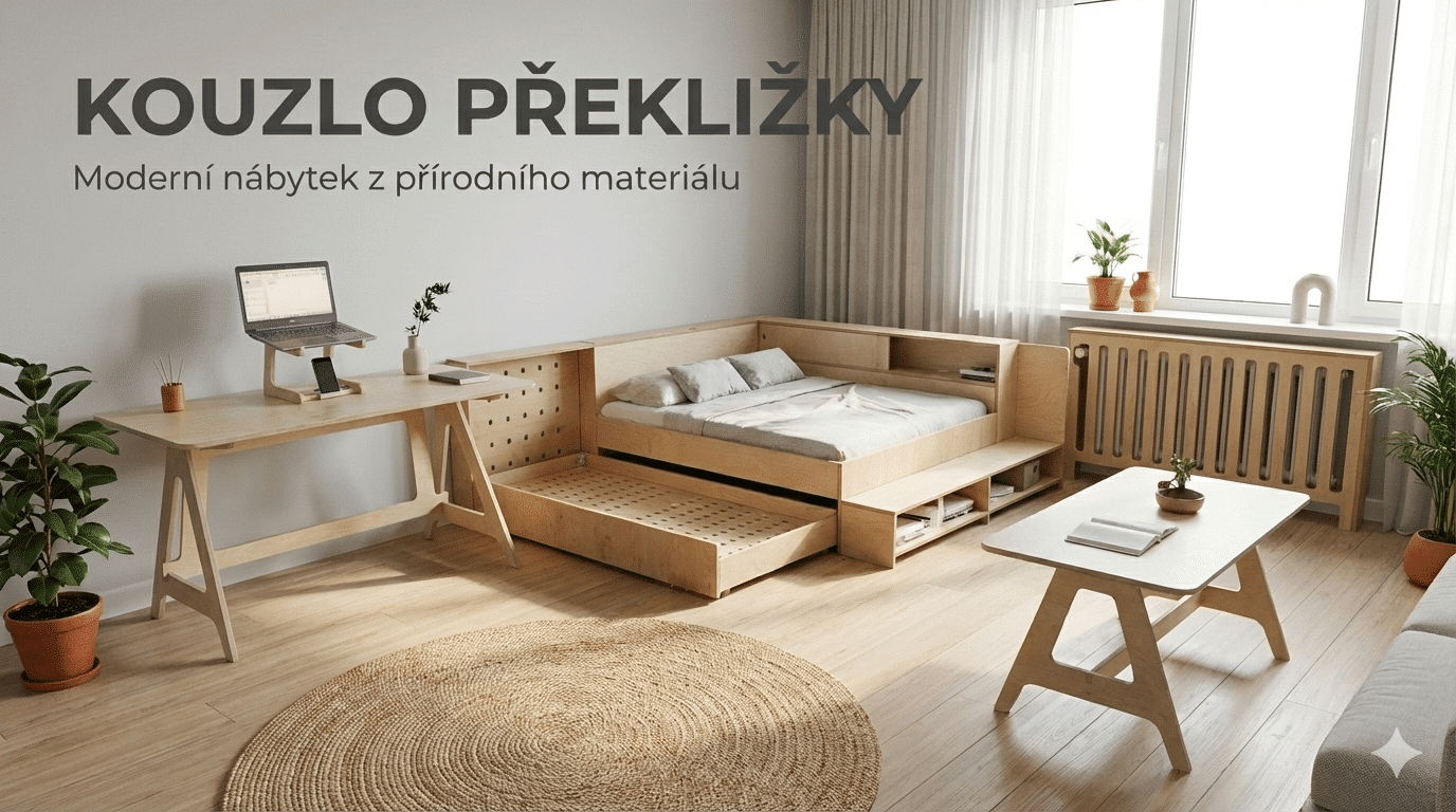 interiér s moderním nábytkem z překližky