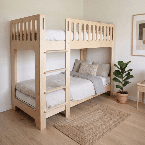 Dvoupatrová postel z březové překližky ve skandinávském interiéru